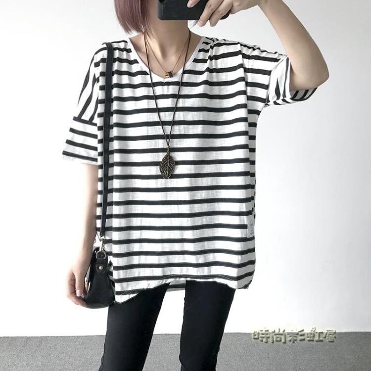 春夏新款文藝寬鬆大碼中長款V領竹節棉條紋短袖T恤女士打底衫上衣