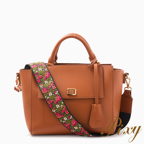 Pixy 波希米亞刺繡寬背帶手提包 暖棕大地
