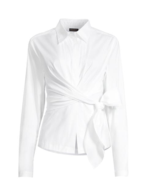 Knotted at the side, this crisp blouse flaunts a refined cinched waist.; Point collar; Long sleeves;