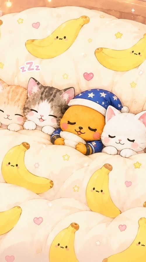 4183のらねこ達はバナナ柄のお布団でお昼寝中