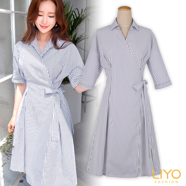 洋裝直紋修身襯衫v領綁帶和服洋裝liyo理優e736005