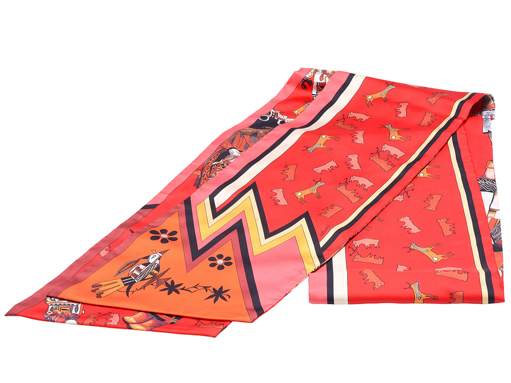 HERMES KACHINAS系列寓言故事圖騰MAXI TWILLY絲巾(紅X橘)