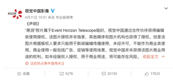 黑洞照片竟被中國圖庫宣示版權？「視覺中國」因被爆出瘋狂版權牟利手法而暫時關站