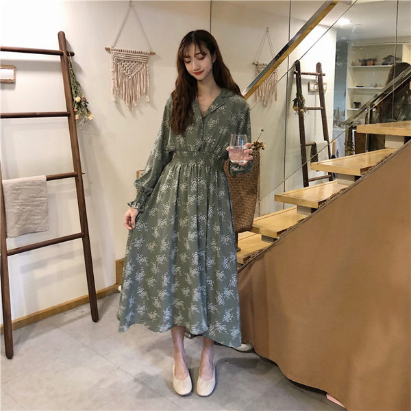 VK精品服飾 韓國風V領碎花收腰復古長裙長袖洋裝
