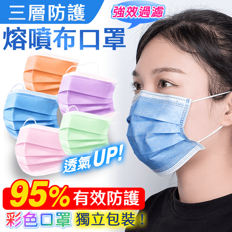 三層防護95+熔噴布口罩，三層過濾防護設計，95%以上阻擋飛沫、微塵、細小顆粒物，配戴貼合臉部輪廓，透氣舒適，低阻力，可自由呼吸，守護您的健康！每片獨立包裝，更加衛生，方便攜帶！