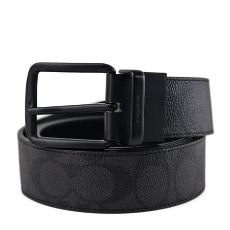 COACH 男款 緹花LOGO黑色扣頭雙面用寬版皮帶-灰黑色【展示品出清】