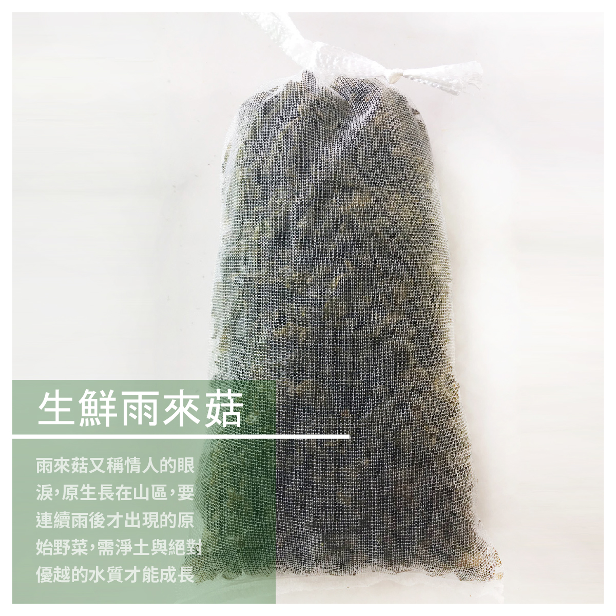 生鮮雨來菇 / 600克裝 商品介紹 雨來菇又稱情人的眼淚 原生長在山區，要連續雨後才出現的原始野菜 需要淨土與絕對優越的水質才能成長 經過在地居民的養殖培育成功，現已是在地居民的農產品之一 煎炒煮炸