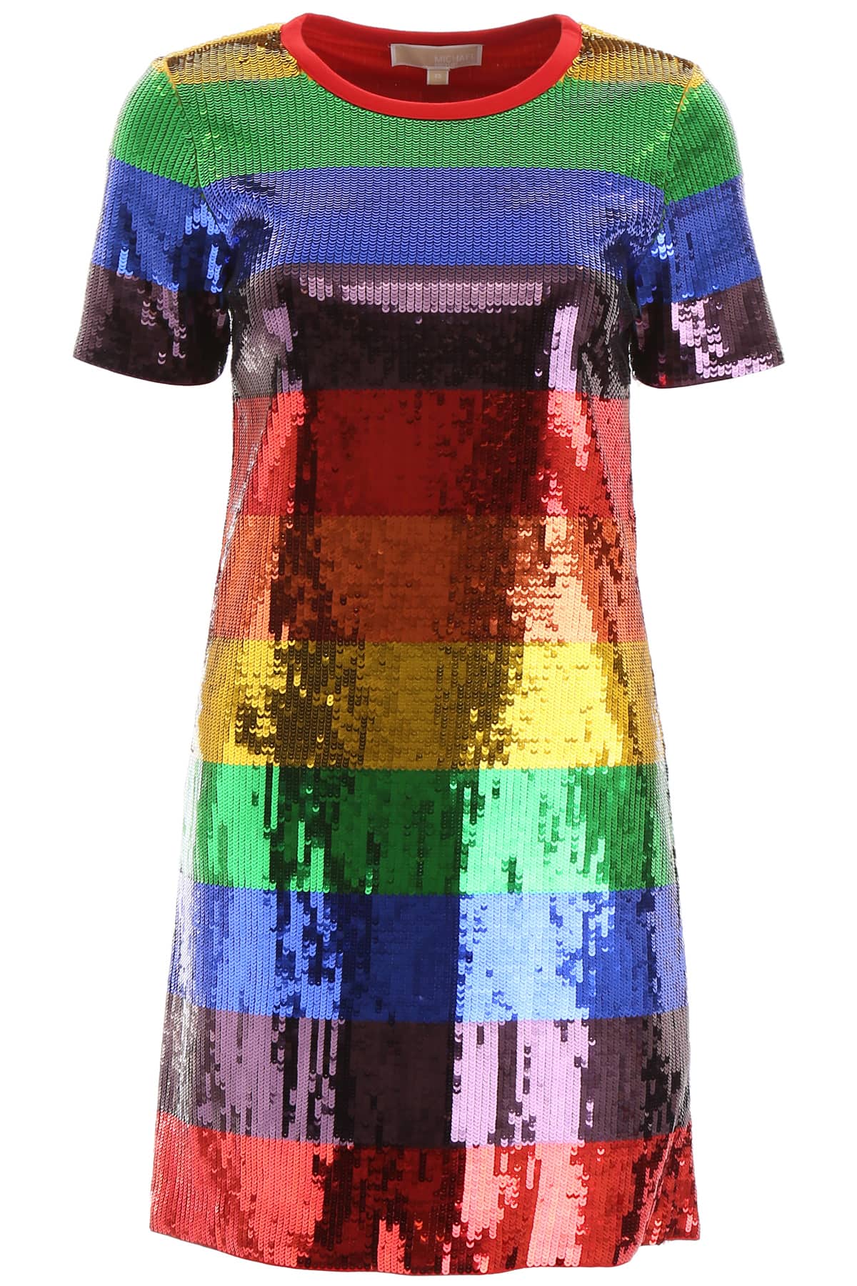 Michael Michael Kors sequin dress with multicolor stripes. It features micro-ribbed neck and jersey 