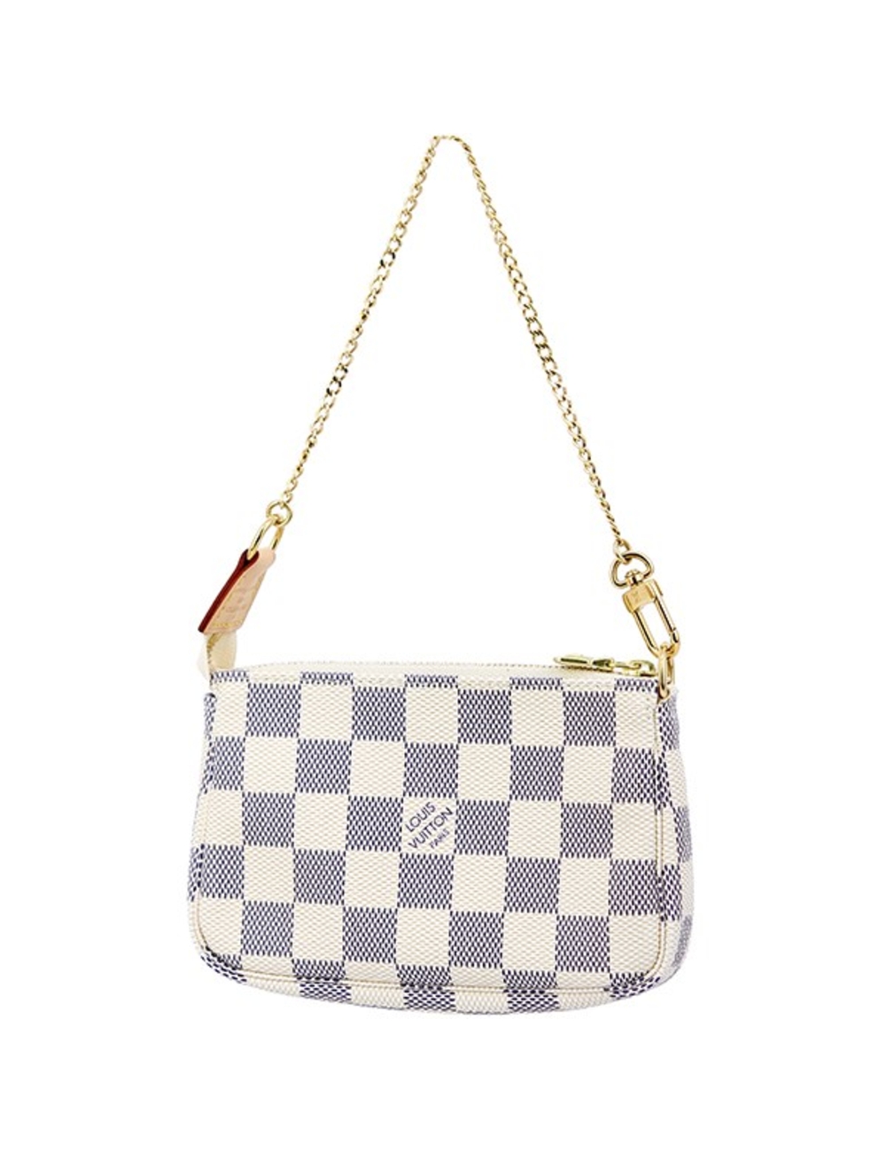 控制編號：N58010 品牌：路易威登 商品名稱：迷你POCHETTE配件 線：達米爾·阿祖爾（Damier Azur） 材料：達米爾帆布/皮革 型號：N58010 顏色：白色×灰色×金色金屬配件 形