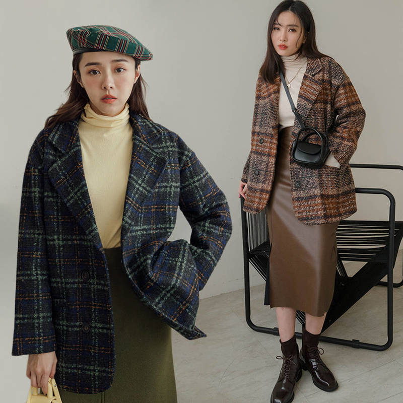★現折100★保暖內鋪棉！雙排釦格紋毛呢大衣外套(共2色)1214 預購【NJ3303】