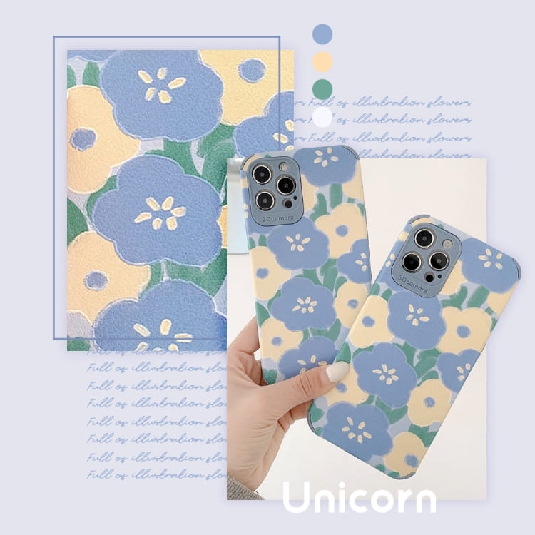 藍黃滿版花朵 iPhone全包軟殼 保護殼 手機殼 Unicorn