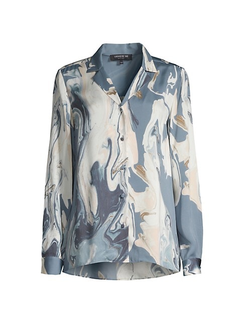 Button-up Rigby blouse flaunts a chic menswear-inspired design and allover geode print.; Notch colla