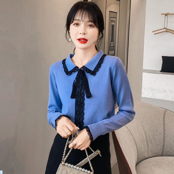 針織衫 2019秋季5色~蕾絲蝴蝶結系帶毛衣上衣針織衫加厚打底衫
