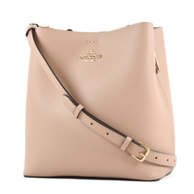 COACH 金字荔枝紋雙層置物磁釦肩背/斜背二用包-奶茶色/大