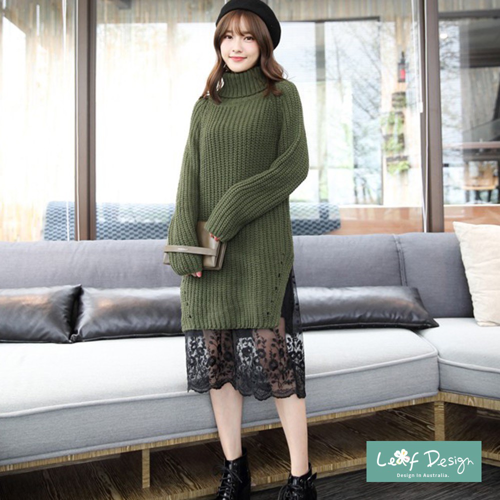 LEAF DESIGN韓風氣質感百搭吊帶連身蕾絲過膝洋裝-黑/白