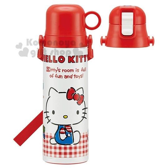 〔小禮堂〕Hello Kitty 超輕量不鏽鋼水壺《紅白.側坐.格紋》580ml.保溫瓶.隨身瓶 4973307-41270