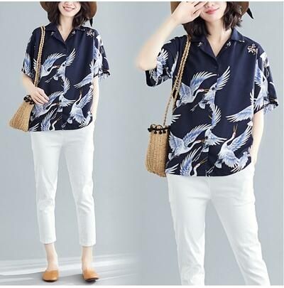 2千免運短袖洋裝大碼女裝8619新款仙鶴印花西裝領大碼女裝襯衫開衫ZM2FB151A朵維思