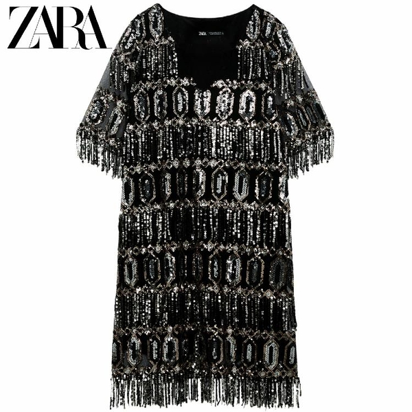 ZARA 冬季新款 女裝 黑色流蘇珠片飾連身裙 09628697800