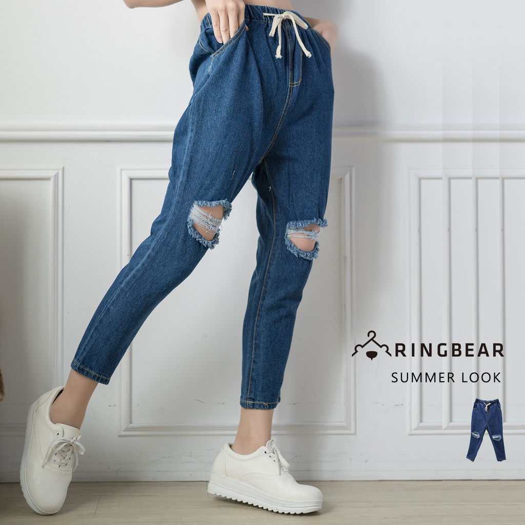 牛仔褲--韓版百搭顯瘦修身膝蓋刷破收腰綁帶縮口牛仔九分褲(藍XL-5L)-S86眼圈熊中大碼衣著【FS】