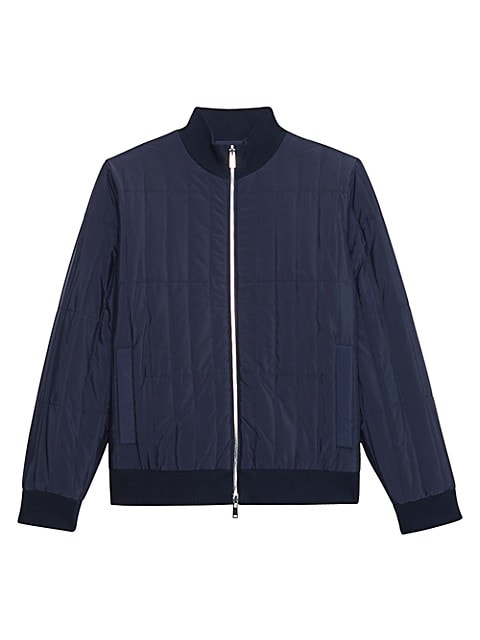 Horizontal bar quilting offers a modern geometric twist to this classic bomber jacket.; Stand collar