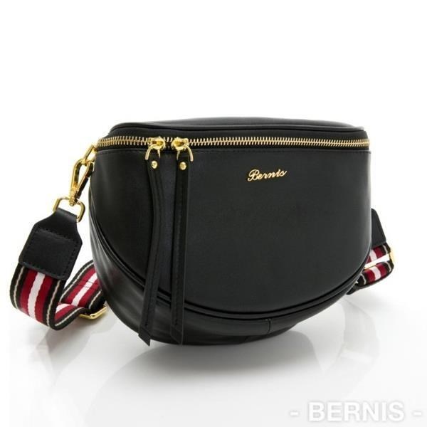 貝爾尼斯【BERNIS】繽紛馬卡龍色系-黑色真皮腰包- 胸包(19061)