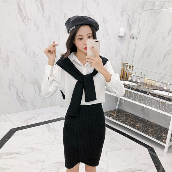 VK旗艦店 韓系針織拼接披肩假襯衫包臀裙套裝長袖裙裝