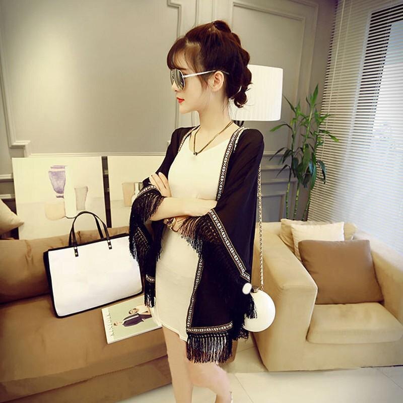 春夏沙灘度假流蘇刺繡民族風寬鬆防曬開襟開衫外套長款長版外套雪紡罩衫披肩薄外套