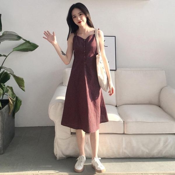 吊帶裙 春季女裝氣質復古格子中長裙子學生單排扣吊帶V領打底連身裙 【韓國時尚週】