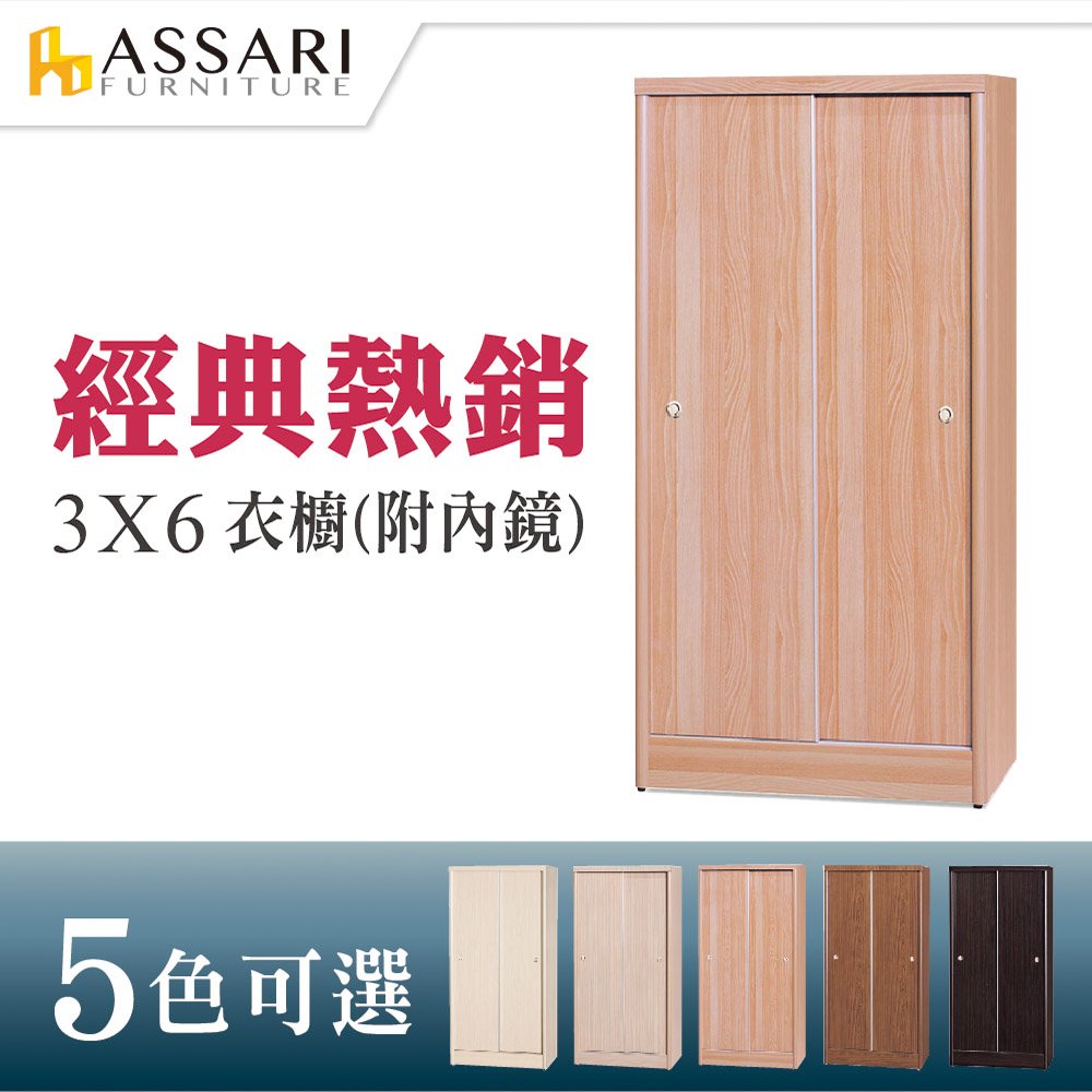 ASSARI-3*6尺推門衣櫃(附鏡)-免組裝