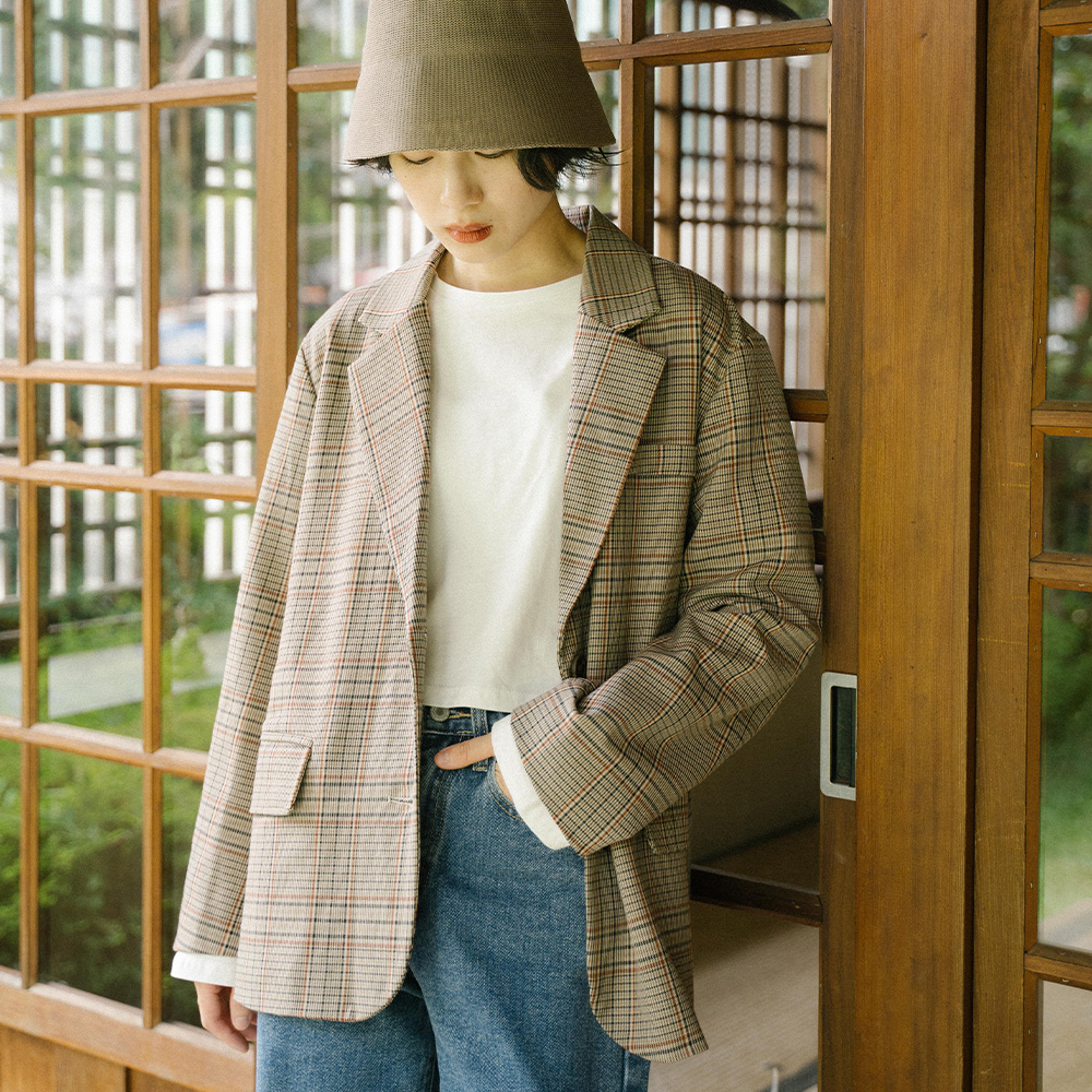 復古格紋開衩設計西裝外套