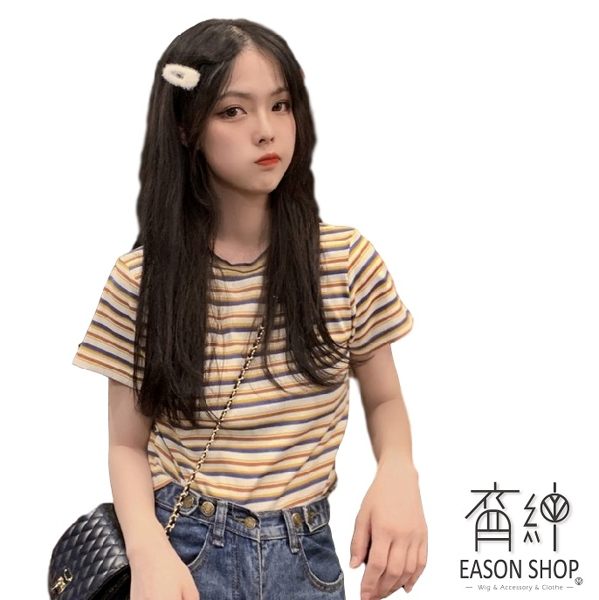 EASON SHOP(GW2948)韓版甜美撞色橫條紋薄款長版圓領短袖T恤女上衣服彈力寬鬆內搭衫顯瘦閨蜜裝棉T恤