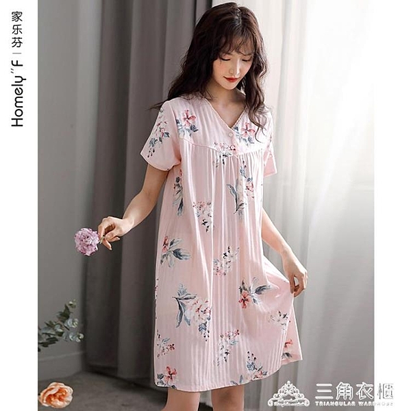 睡裙女士睡衣夏季夏天薄款純棉短袖長款全棉中老年媽媽寬鬆加大碼