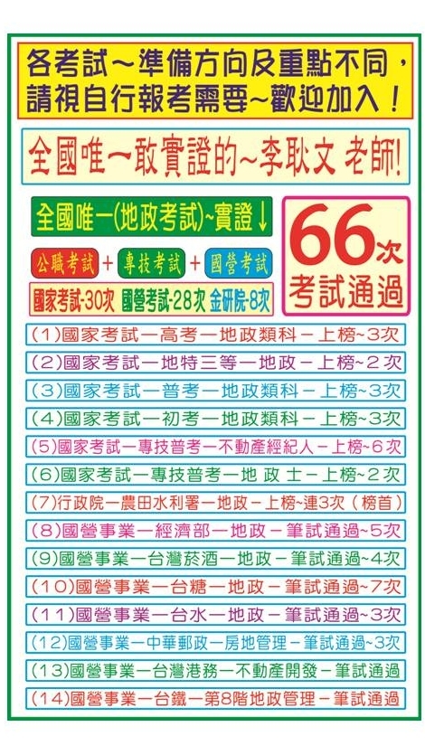 台鐵考試(地政)~金榜題名~免費輔導社群(李耿文 老師-博薪補教)!