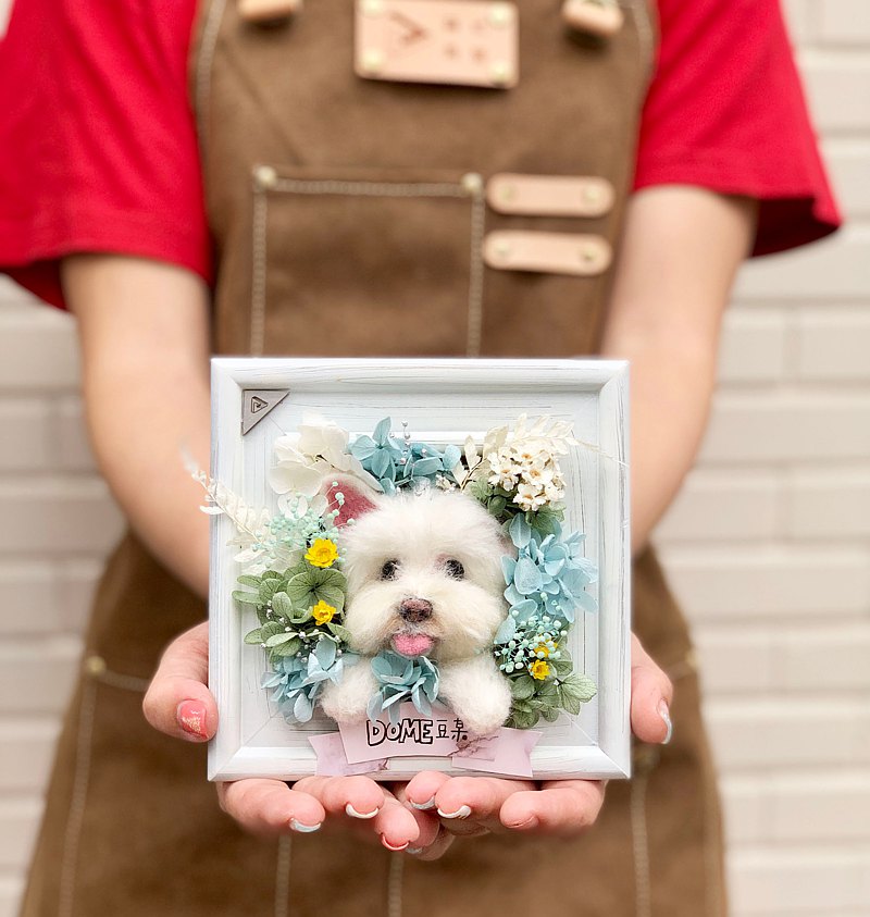 ｜寵物羊毛氈永生花花框｜羊毛氈尺寸：7x7 cm / 木框尺寸：14x14x5 cm/ 日本永生花 / 毛孩照片至少3張：包含1張正面清晰照