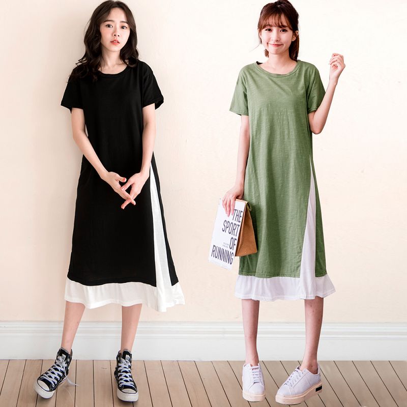 ★單件88折★原價299-88折$263★miustar 正韓．假兩件視覺顯瘦側剪接配色竹節棉洋裝(共2色)0211 預購【nh0472re】