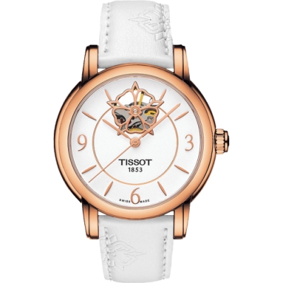 TISSOT 天梭 官方授權 Lady Heart 花朵鏤空機械腕錶-白x玫瑰金框/35mm T0502073701704