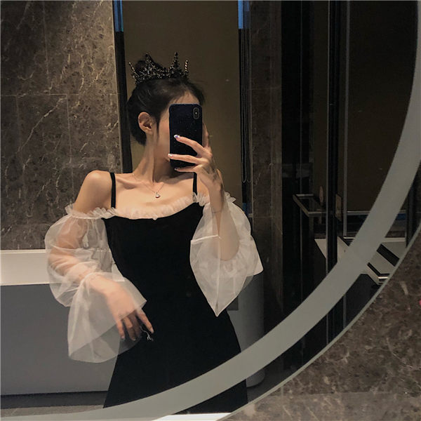 長袖洋裝韓風木耳邊網紗拼接很仙的連衣裙女露肩吊帶裙修身長袖中長款裙子 小天使