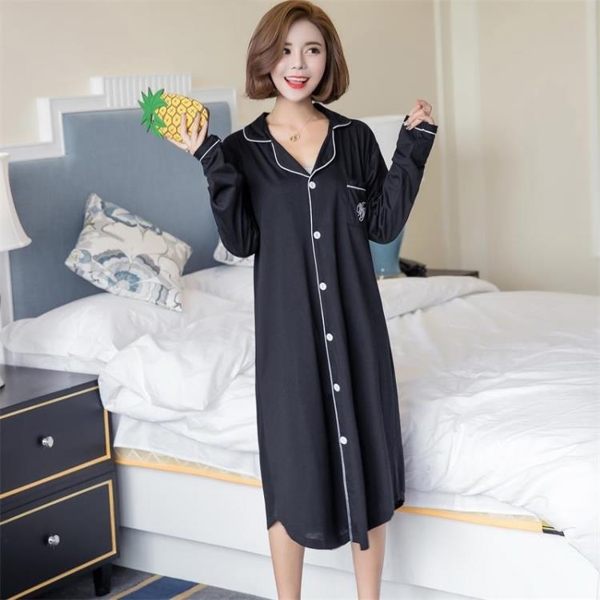 睡衣女春秋純棉長袖睡裙簡約休閑中長款開衫純色性感襯衫夏維密風WT142