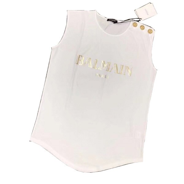 Balmain Logo 金色鈕扣裝飾 棉質T shirt 無袖上衣 白色 FR34/36/38/40