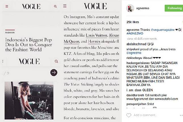 Penyanyi Agnez Monica diulas Majalah Vogue pada Oktober 2016/Instagram