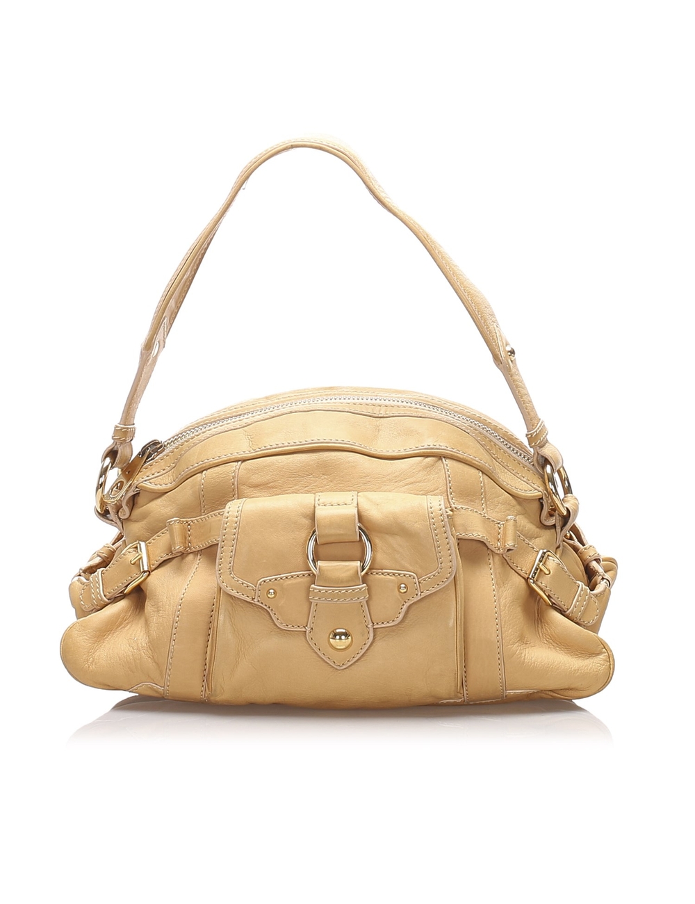 This shoulder bag features a leather body, a front exterior flap pocket, a flat leather strap, a top