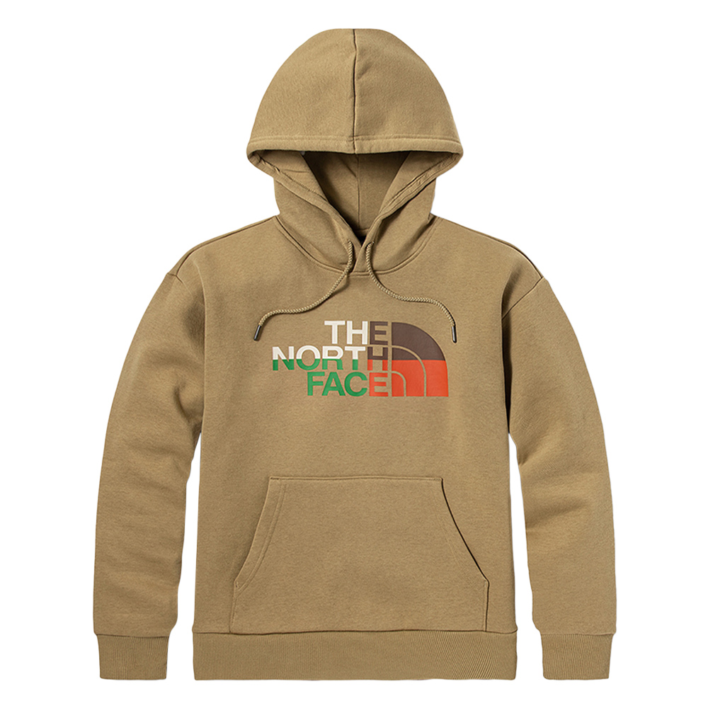 The North Face北面男女款卡其色胸前拼色大LOGO連帽大學T
