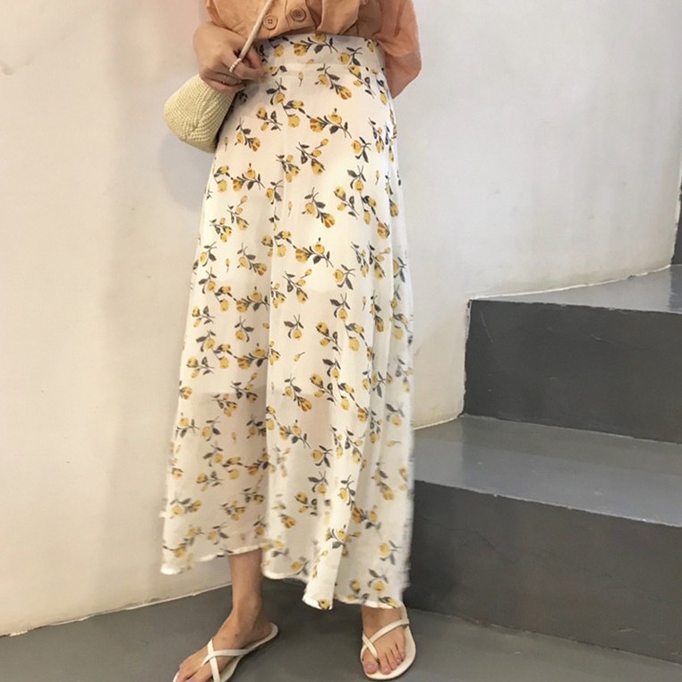 [現貨]A字半身裙 小清新文藝複古碎花印花 韓版高腰顯瘦荷葉邊長裙