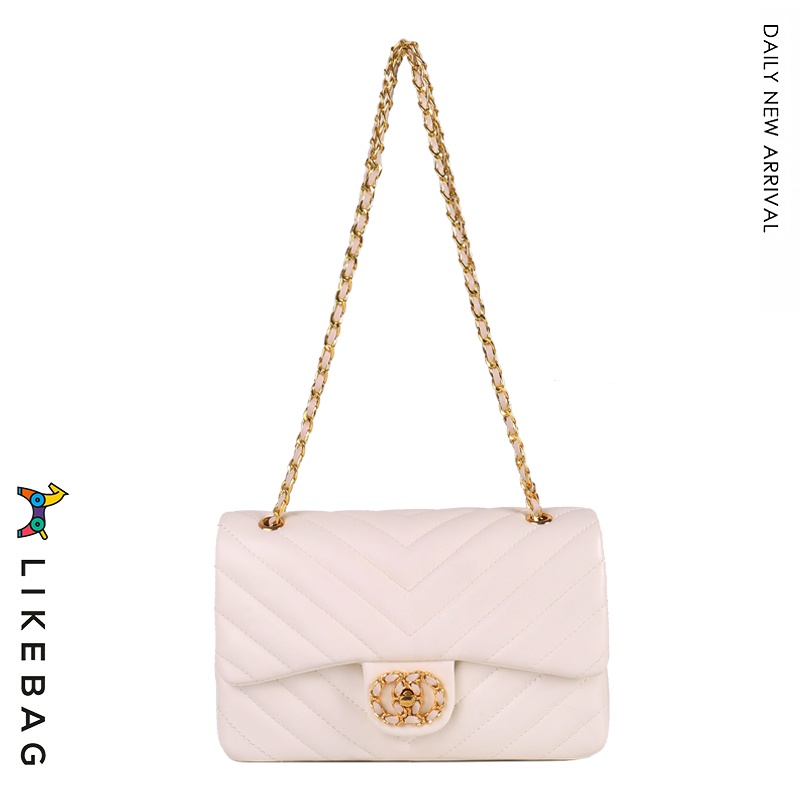 Likebag 菱格鏈條包 女士小香包 鏈帶包 鏈條包 繡花線 單肩包 PU 皮革大容量 斜挎包 斜背包 大包包 肩背包