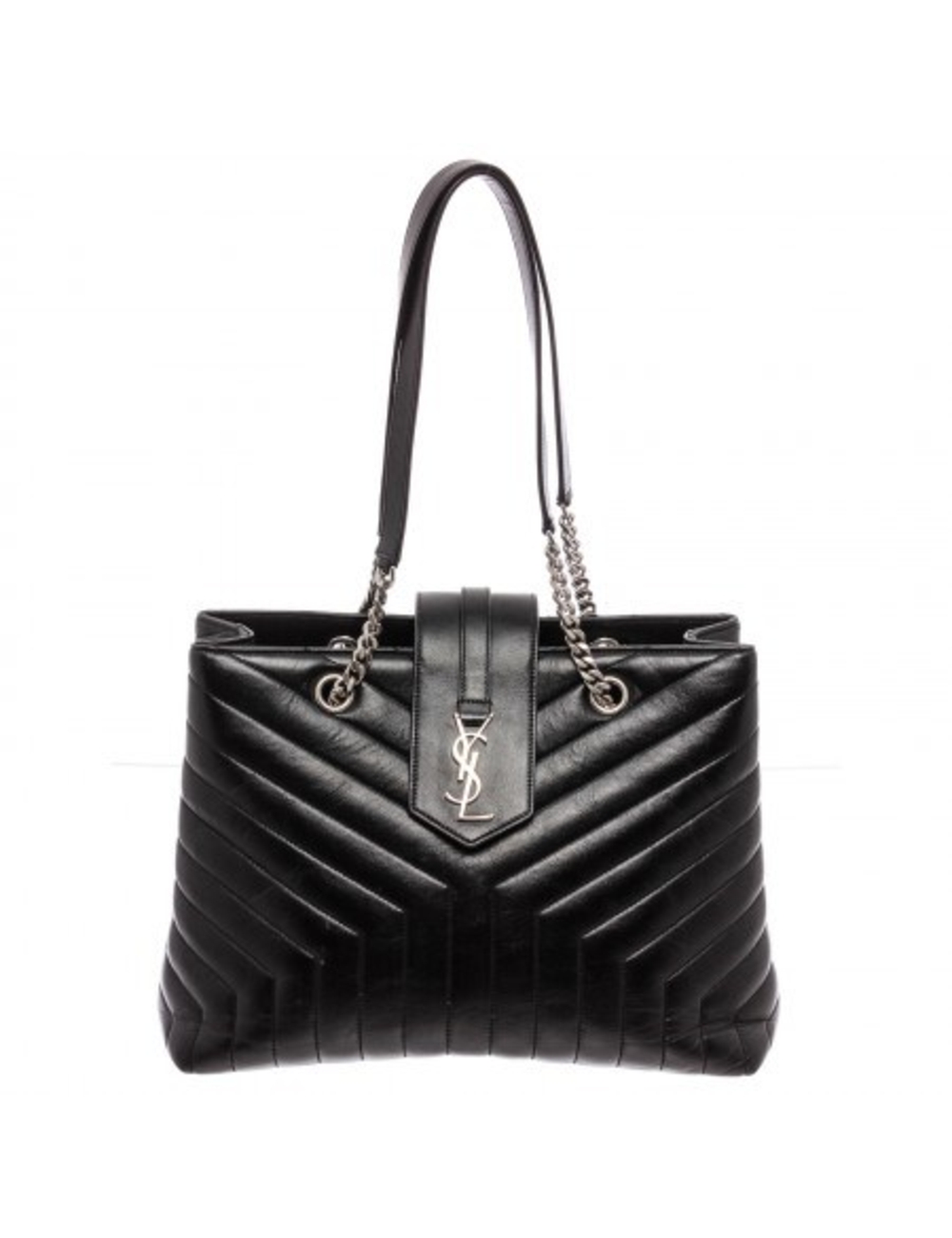 Black calfskin leather YSL Saint Laurent Y quilt large LouLou Shopper with silver-tone hardware, dua