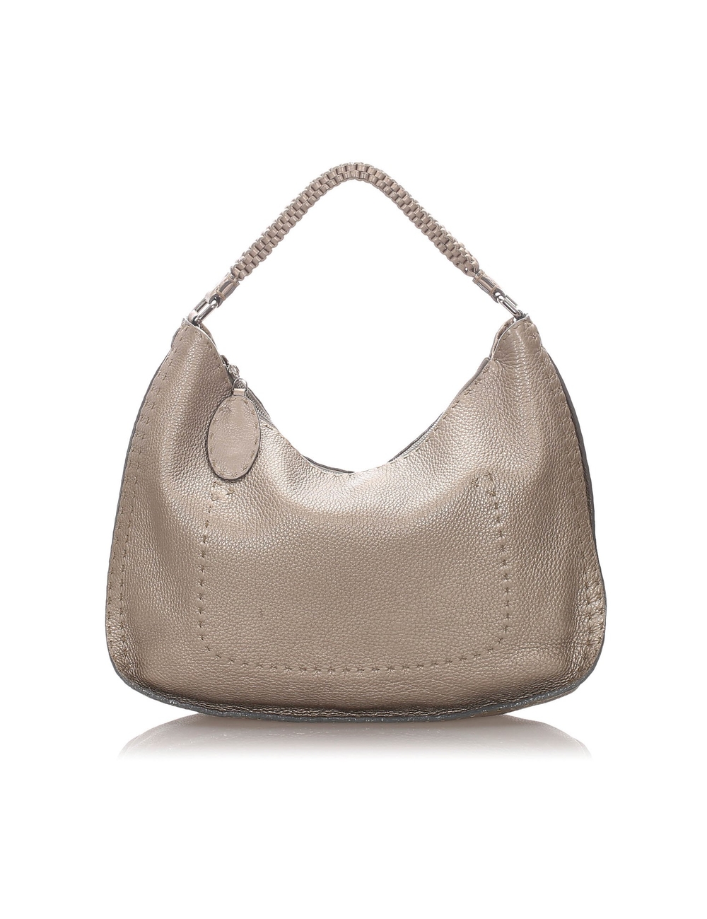 This shoulder bag features a leather body, a flat leather strap, a top zip closure, and an interior 