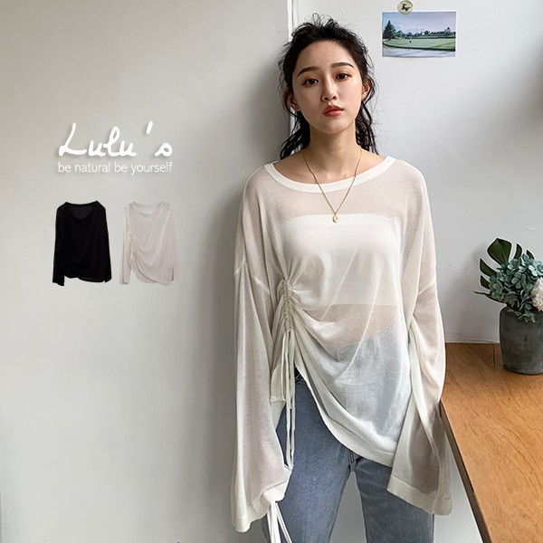 LULUS-C側抽繩微透膚針織長袖上衣-２色 【01190291】