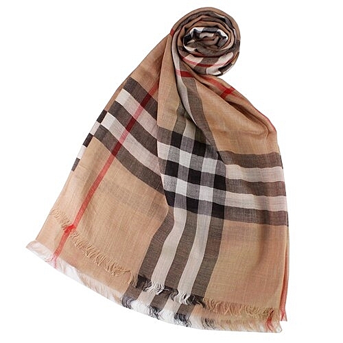 BURBERRY 經典大格紋羊毛絲綢披肩/圍巾 卡其色
