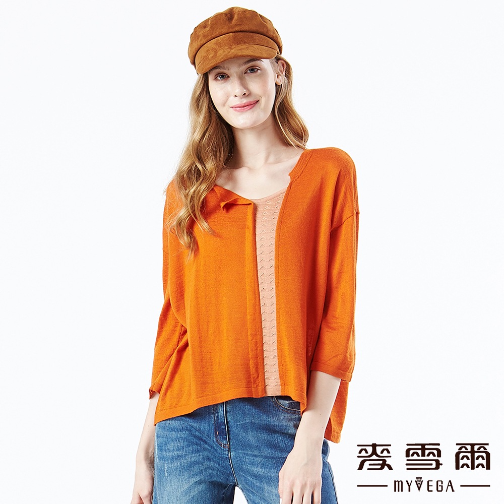 【麥雪爾】跳色拼接七分袖針織上衣-柑