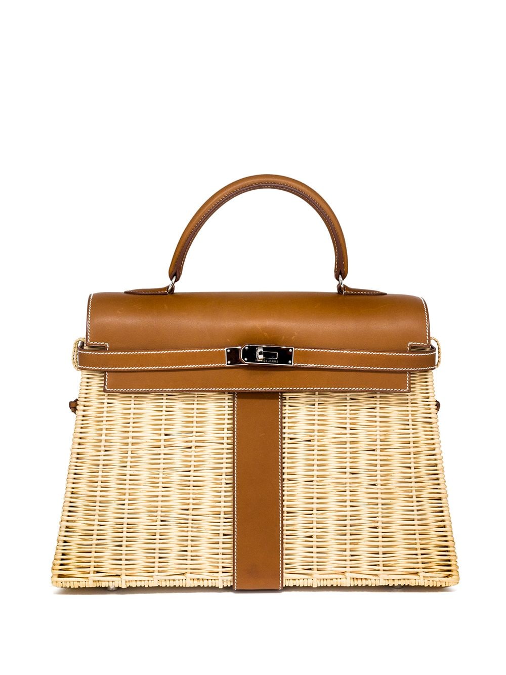 Hermès - 2011 pre-owned Kelly 35cm picnic bag - women - Leather/Straw/Leather/Silver Plated Metal - One Size - Neutrals